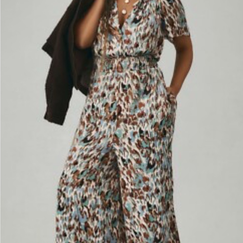 Anthropologie Blue and Brown Patterned Somerset Jumpsuit Large Tall